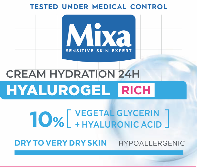 MIXA HYALUROGEL RICH drėkinamasis veido kremas, 50 ml