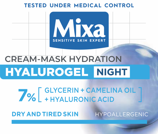 MIXA HYALUROGEL drėkinamasis naktinis kremas - kaukė, 50 ml