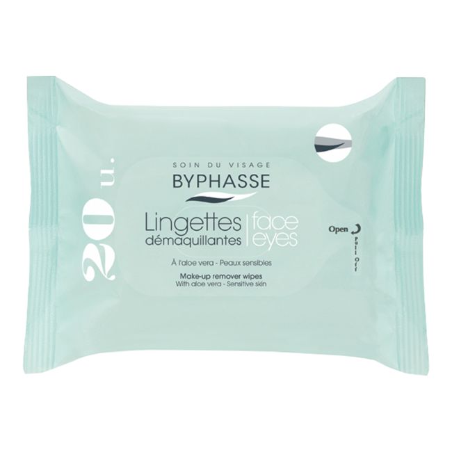 BYPHASSE ALOE VERA drėgnos servetėlės veido ir akių makiažui valyti (20 vnt.)