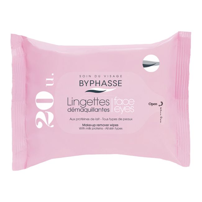 BYPHASSE MILK PROTEINS drėgnos servetėlės veido ir akių makiažui valyti (20 vnt.)