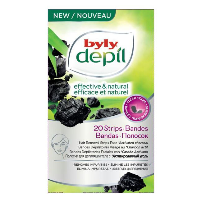 BYLY EFFECTIVE & NATURAL ACTIVATED CHARCOAL veido depiliacinės juostelės (20 vnt.)