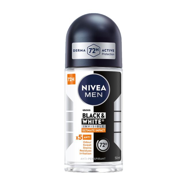 NIVEA MEN BLACK & WHITE INVISIBLE ULTIMATE IMPACT 5 IN 1 rutulinis dezodorantas antiperspirantas, 50
