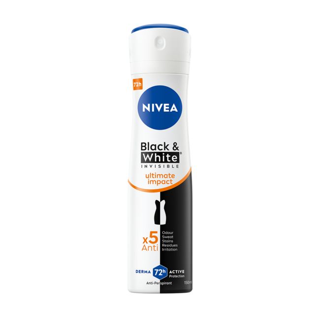 NIVEA BLACK & WHITE INVISIBLE ULTIMATE IMPACT 5 IN 1 purškiamamasis dezodorantas, 150 ml