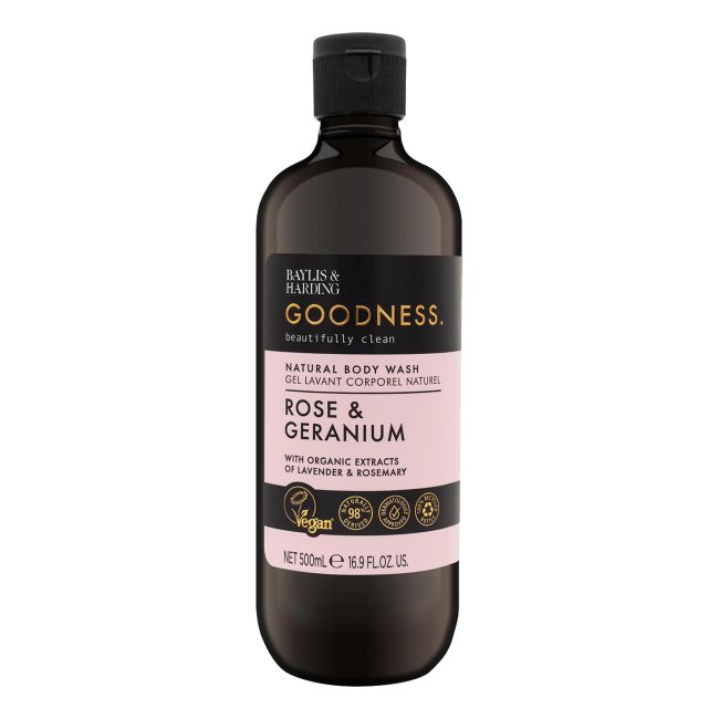 BAYLIS & HARDING GOODNESS ROSE & GERANIUM kūno prausiklis, 500 ml