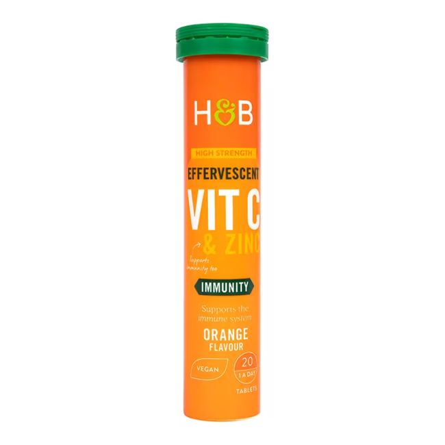 H&B HIGH STRENGTH vitaminas C ir cinkas, 20 šnypščiųjų tablečių