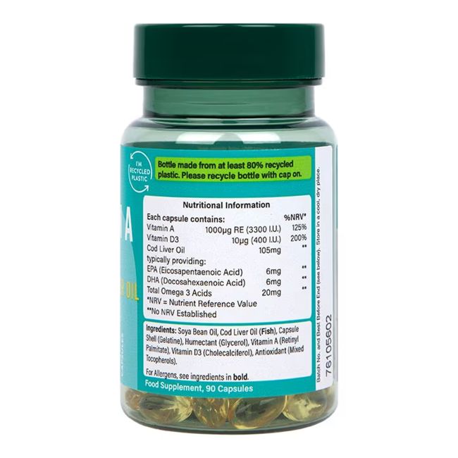 H&B Vitaminas A 3300 TV, Vitaminas D ir menkių kepenų žuvų taukai, 90 kapsulių