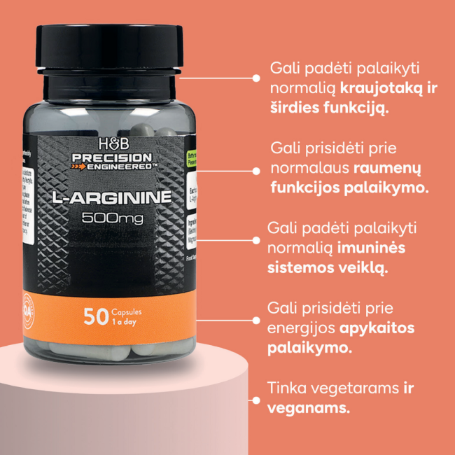 PE NUTRITION L Argininas 500 MG, 50 kapsulių