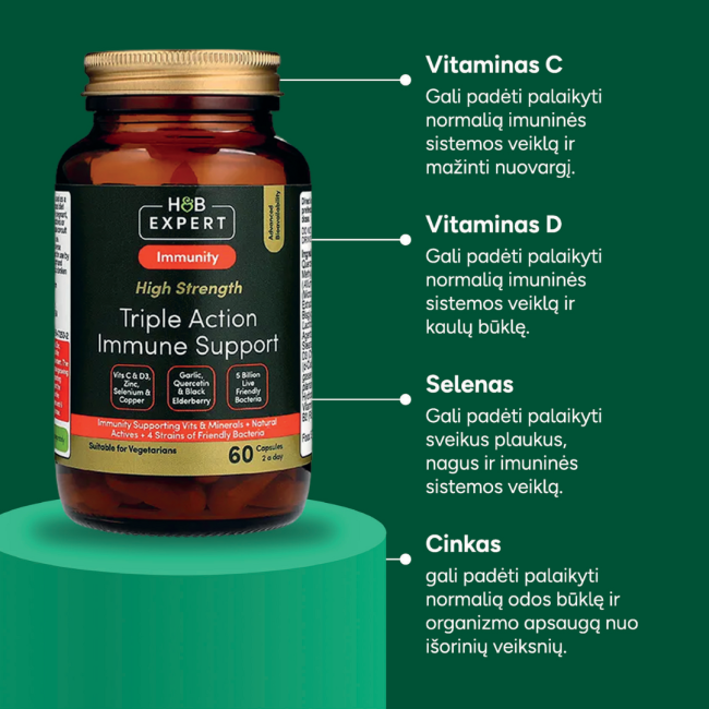 H&B EXPERT IMMUNITY HIGH STRENGTH TRIPLE ACTION IMMUNE, imunitetui, 60 kaps.