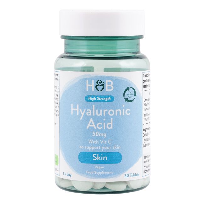 H&B HIGH STRENGTH hialurono rūgštis 50 mg su vitaminu C, 30 tablečių