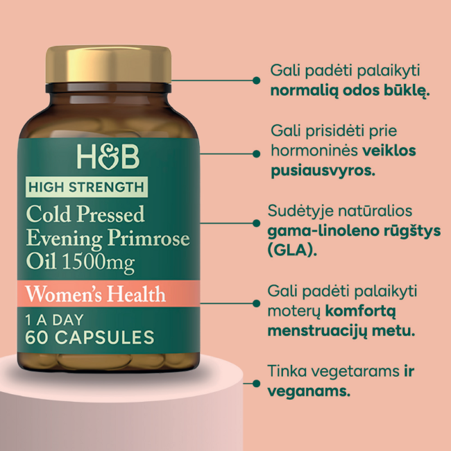 H&B HIGH STRENGTH šalto spaudimo nakvišų aliejus 1500 mg, 60 kapsulių