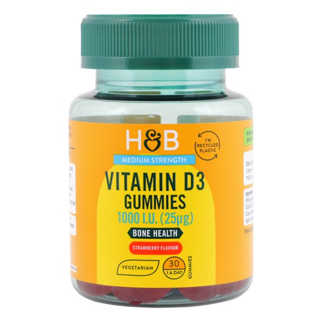 H&B MEDIUM STRENGTH vitaminas D3 1000 TV, braškių skonio, 30 guminukų