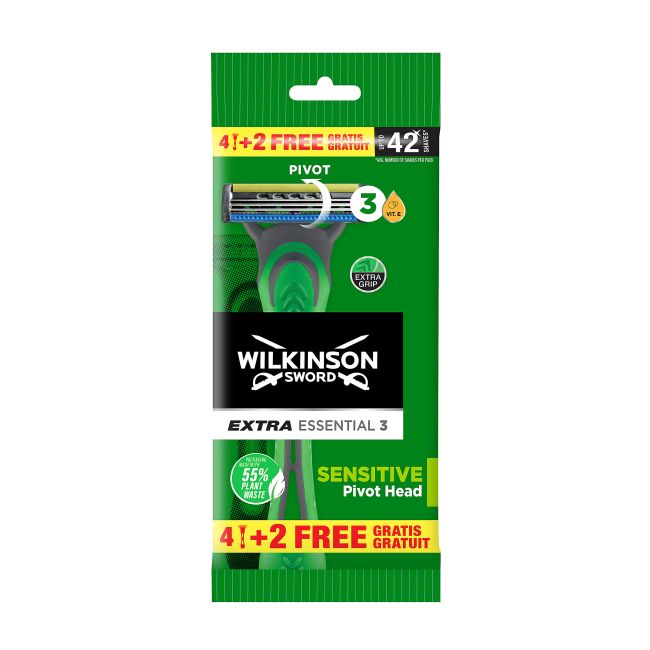 WILKINSON SWORD EXTRA ESSENTIAL 3 SENSITIVE vienkartiniai vyrų skustuvai (4 + 2 vnt.)