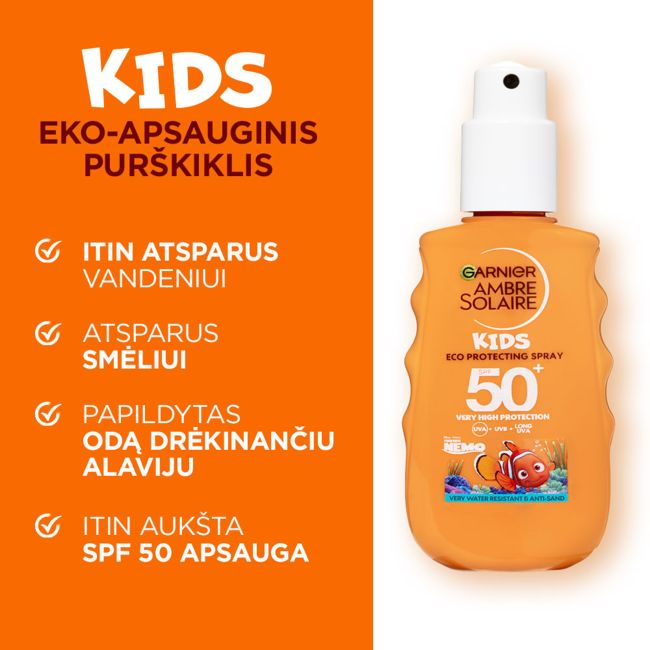 GARNIER AMBRE SOLAIRE KIDS 50+ apsauginis vaikų purškiklis, 150 ml