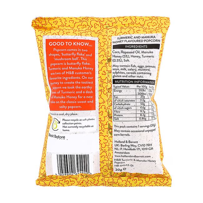 HOLLAND & BARRETT TURMERIC & MANUKA HONEY kukurūzų spragėsiai, 20 g