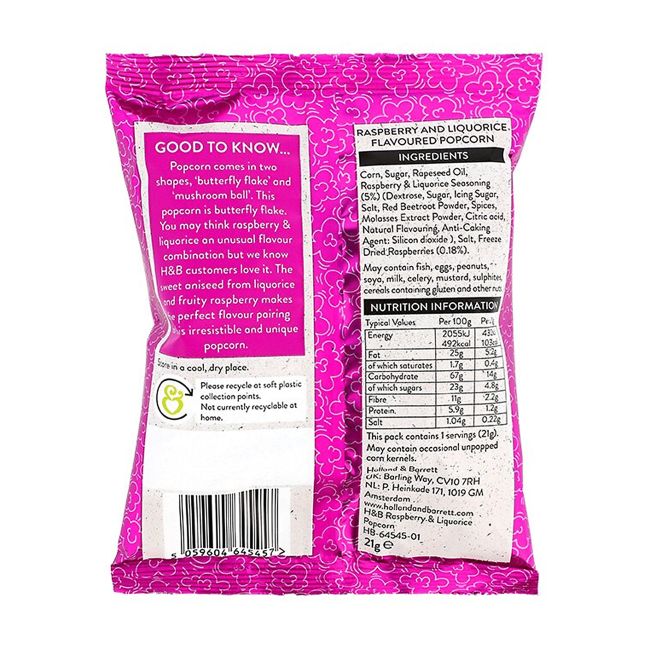 HOLLAND & BARRETT RASPBERRY & LIQUORICE kukurūzų spragėsiai, 21 g
