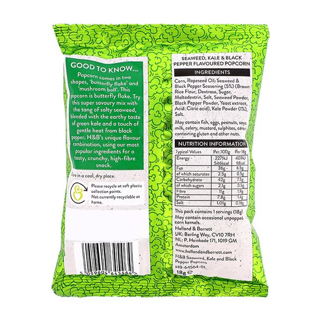 HOLLAND & BARRETT SEAWEED KALE & BLACK PEPPER kukurūzų spragėsiai, 18 g