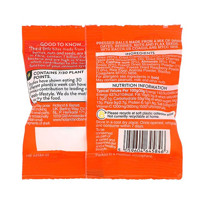 HOLLAND & BARRETT IMMUNE SUPPORT BERRY BITES WITH BENEFITS džiovintų uogų, riešutų ir sėklų rutuliu
