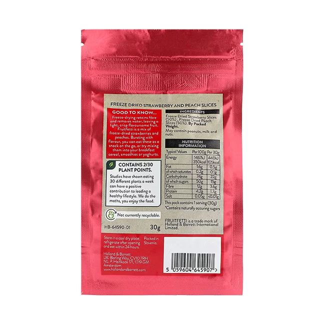 HOLLAND & BARRETT FRUITFETTI šaltyje džiovinti persikai ir braškės, 30 g