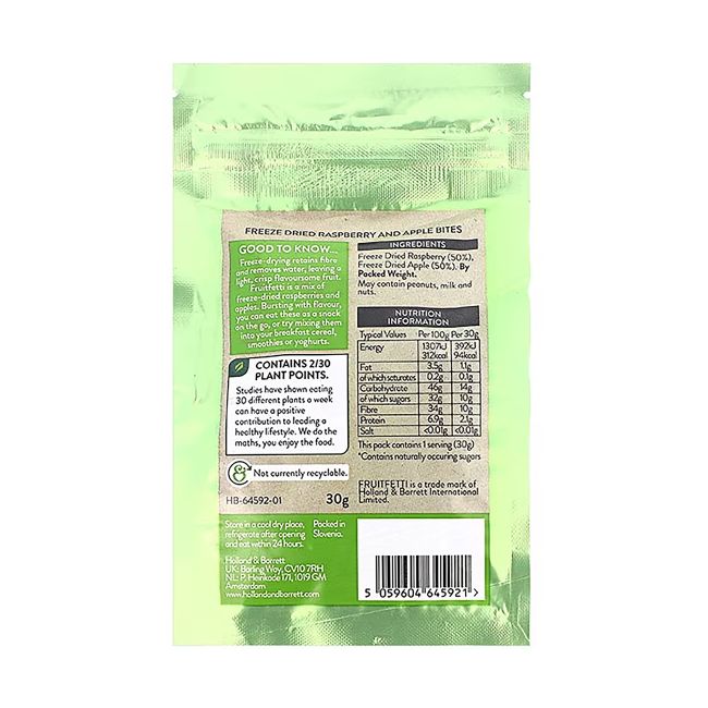 HOLLAND & BARRETT FRUITFETTI džiovinti šaltyje obuoliai ir avietės, 30 g