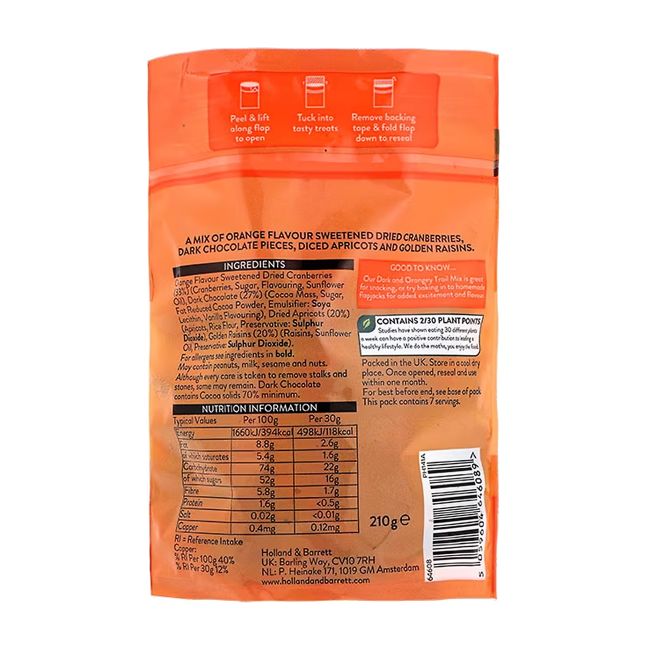 HOLLAND & BARRETT DARK & ORANGEY TRAIL MIX džiovintų vaisių ir uogų mišinys, 210 g