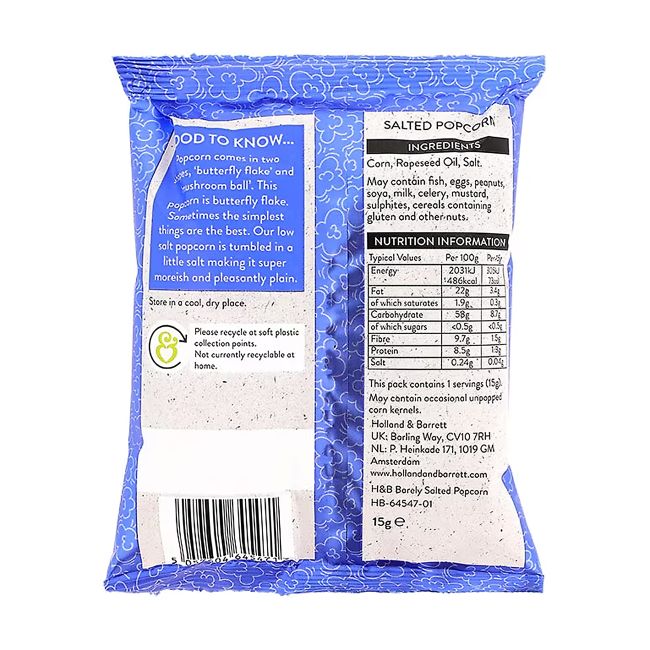 HOLLAND & BARRETT BARELY SALTED kukurūzų spragėsiai, 15 g