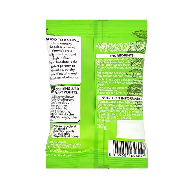 HOLLAND & BARRETT migdolai su juoduoju šokoladu ir matcha, 30 g