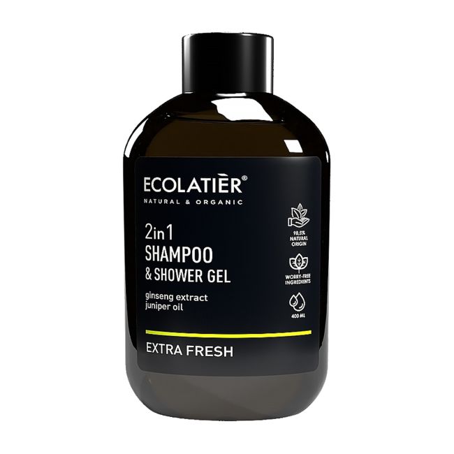 ECOLATIER EXTRA FRESH 2IN1 plaukų šampūnas ir dušo želė, 400 ml