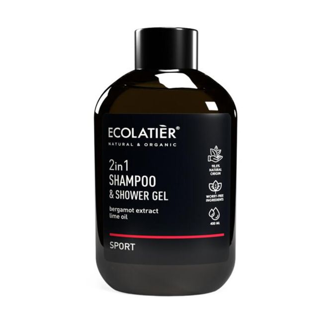 ECOLATIER SPORT 2IN1 plaukų šampūnas ir dušo želė, 400 ml
