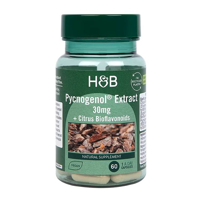 H&B PYCNOGENOL® jūrinės pušies žievės ekstraktas 30 mg ir citrusinių vaisių bioflavonoidai, 60 kap.