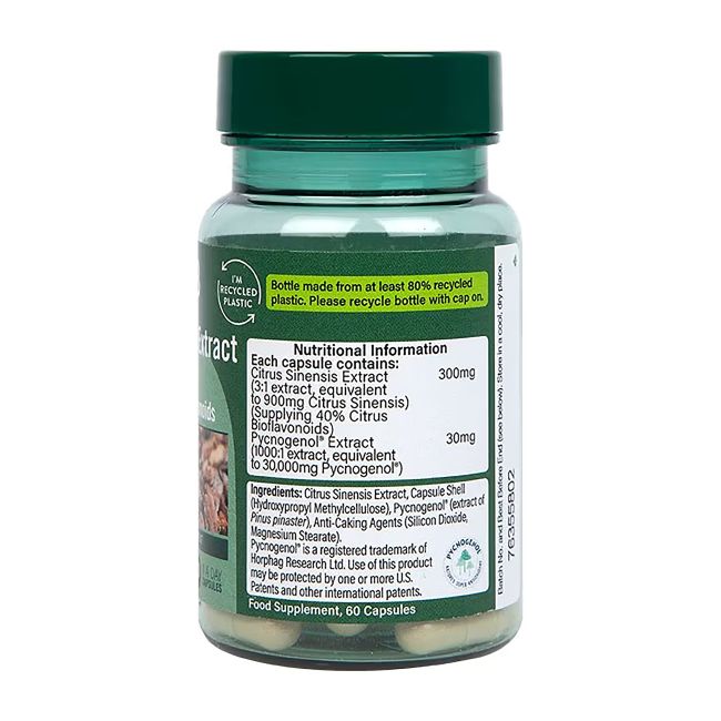 H&B PYCNOGENOL® jūrinės pušies žievės ekstraktas 30 mg ir citrusinių vaisių bioflavonoidai, 60 kap.