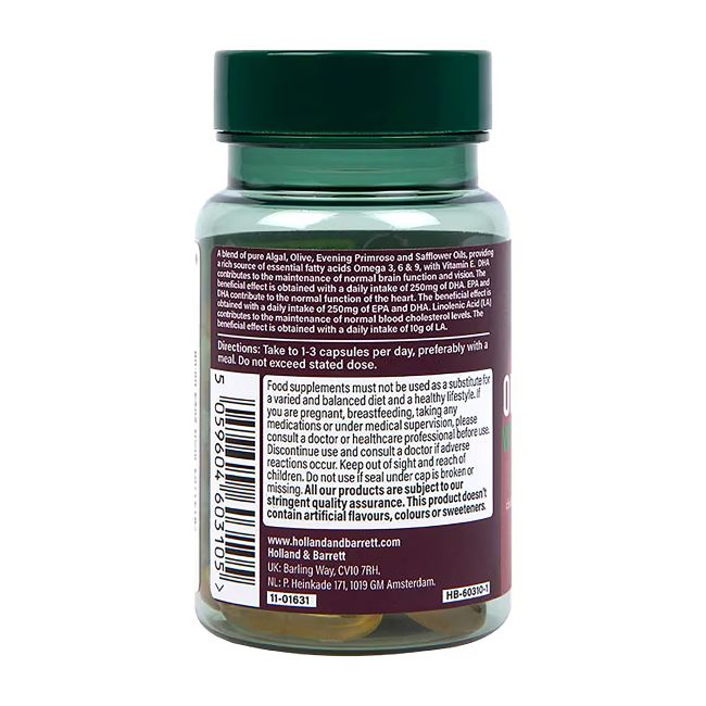 H&B HIGH STRENGTH VEGAN TRIPLE omega 3-6-9 aliejus 680 mg, 30 kapsulių