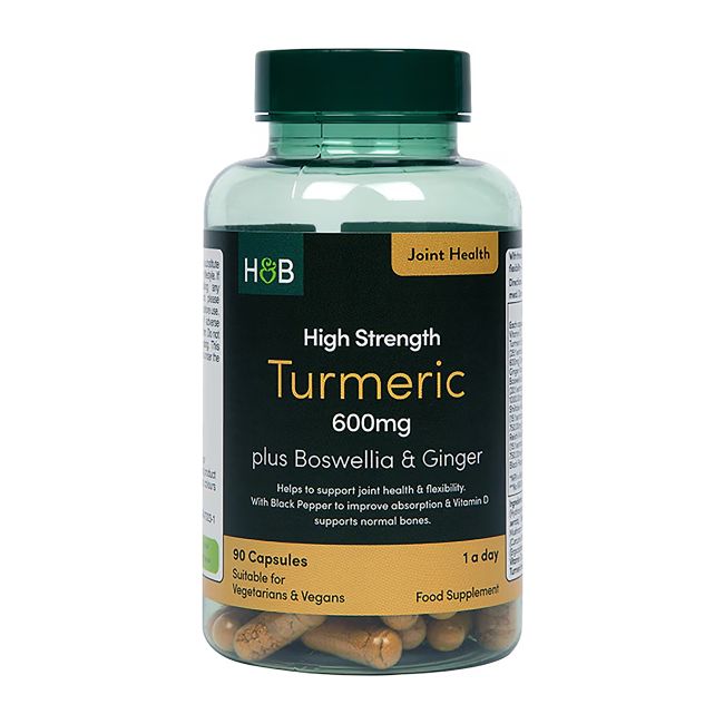 H&B HIGH STRENGTH ciberžolė 600 mg, bosvelija ir imbieras, 90 kapsulių
