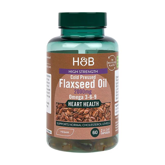 H&B HIGH STRENGTH šalto spaudimo linų sėmenų aliejus 2000 mg, 60 kapsulių