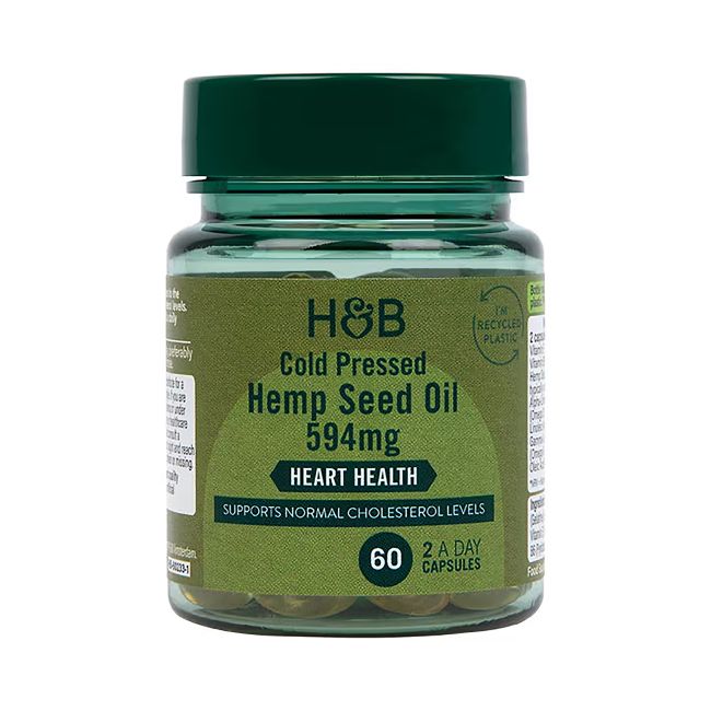 H&B šalto spaudimo kanapių sėklų aliejus 594 mg, 60 kapsulių