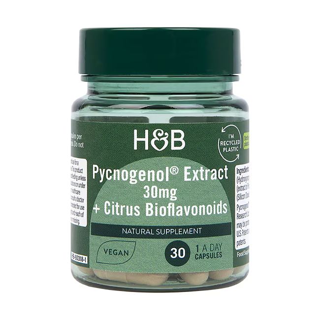 H&B PYCNOGENOL® jūrinės pušies žievės ekstraktas 30 mg ir citrusinių vaisių bioflavonoidai, 30 kap.