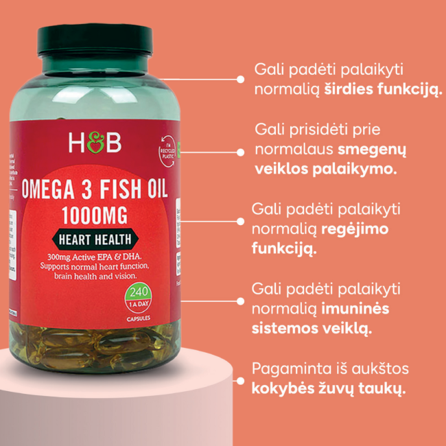 H&B omega 3 žuvų taukai 1000 mg, 240 kapsulių