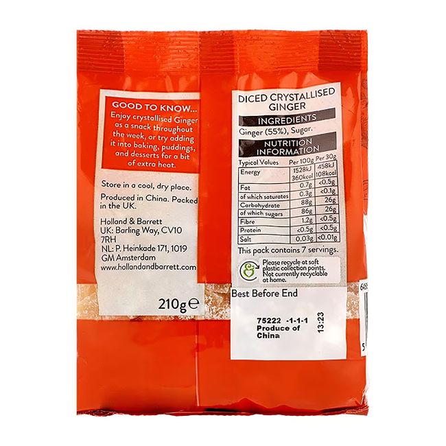 HOLLAND & BARRETT kubeliais pjaustyti cukruoti imbierai, 210 g