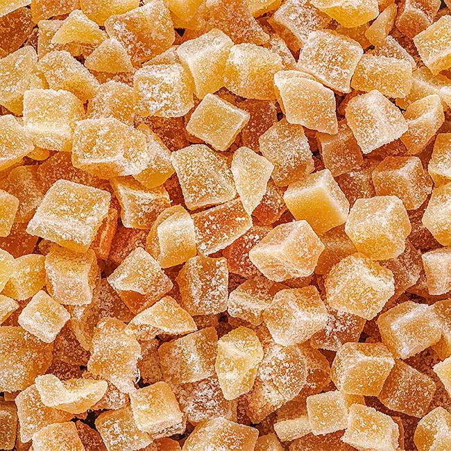 HOLLAND & BARRETT kubeliais pjaustyti cukruoti imbierai, 210 g