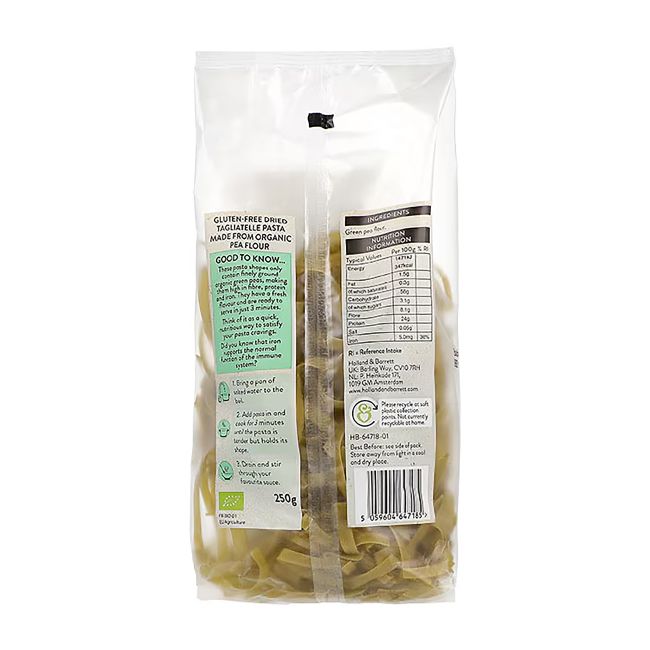 HOLLAND & BARRETT TAGLIATELLE greito paruošimo žaliųjų žirnelių makaronai, 250 g
