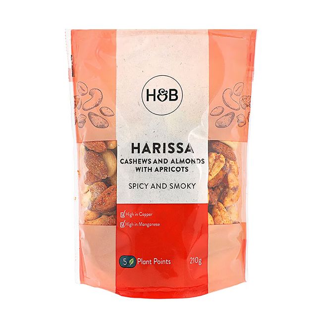 HOLLAND & BARRETT migdolų, abrikosų ir anakardžių riešutų su harisa prieskoniais mišinys, 210 g