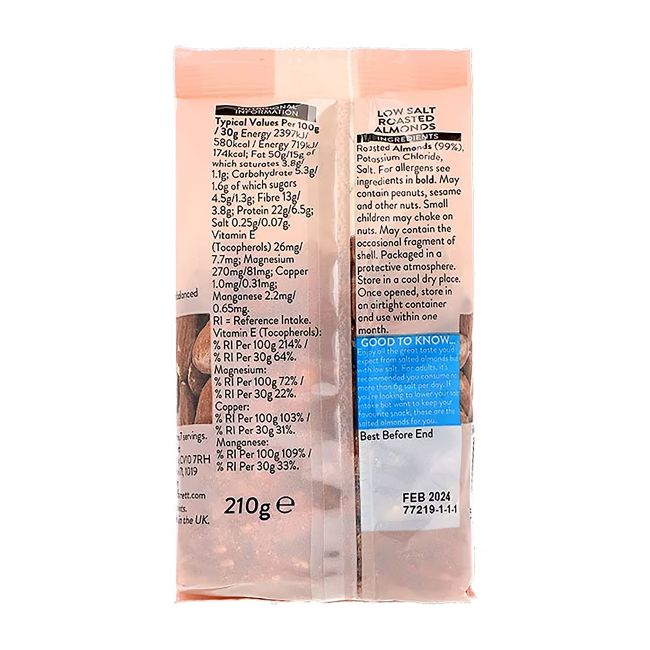 HOLLAND & BARRETT švelniai sūdyti migdolai, 210 g