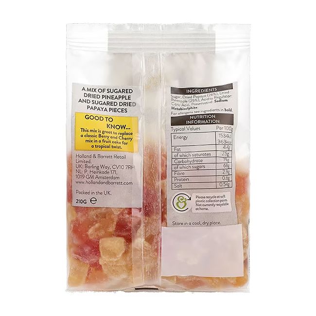 HOLLAND & BARRETT džiovinti ananasų ir papajų gabaliukai, 250 g