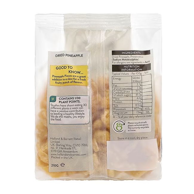 HOLLAND & BARRETT džiovinti ananasų gabaliukai, 210 g
