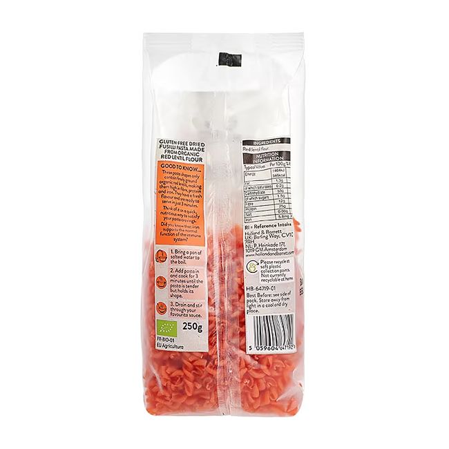 HOLLAND & BARRETT RED LENTIL FUSILLI raudonųjų lęšių makaronai, 250 g