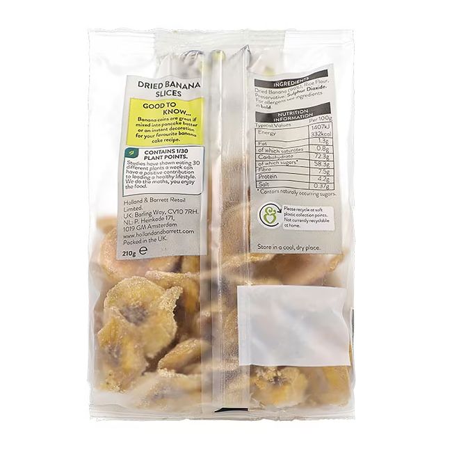 HOLLAND & BARRETT CHEWY BANANA COINS džiovintų bananų griežinėliai, 210 g