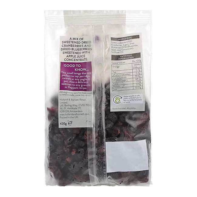 HOLLAND & BARRETT džiovintų spanguolių ir mėlynių mišinys, 420 g