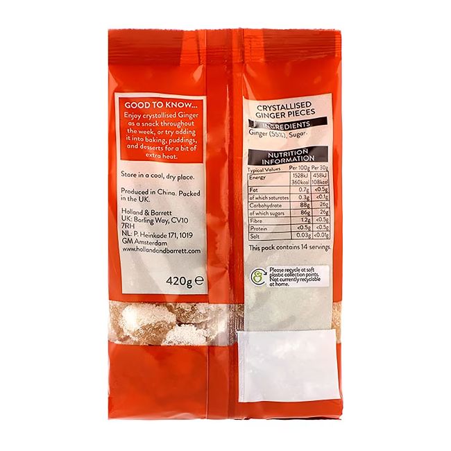 HOLLAND & BARRETT cukruoti imbierų gabaliukai, 420 g