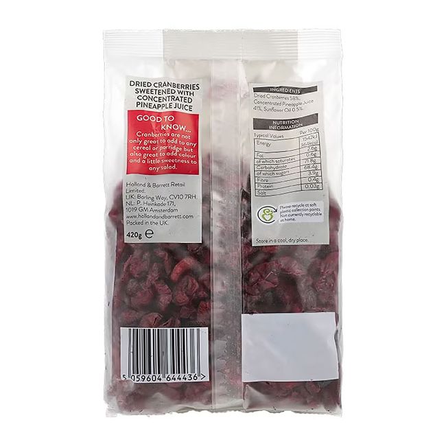 HOLLAND & BARRETT sultimis saldintos džiovintos spanguolės, 420 g