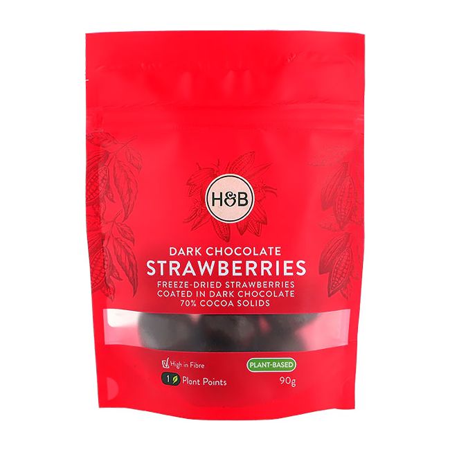 HOLLAND & BARRETT liofilizuotos braškės padengtos juoduoju šokoladu, 90 g