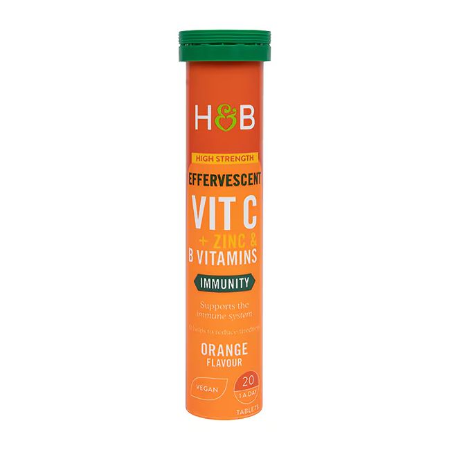 H&B vitaminas C, cinkas ir B grupės vitaminai, apelsinų skonio, 20 šnypščiųjų tablečių